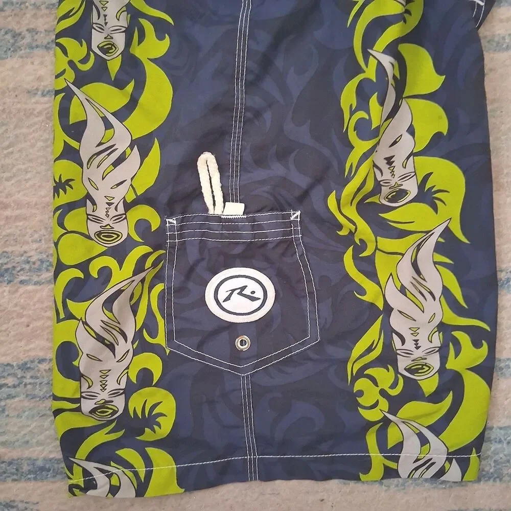 Vtg Rusty Board Shorts Men’s 32 Y2K Tribal Floral Long Surf Tiki Hawaiian Flame